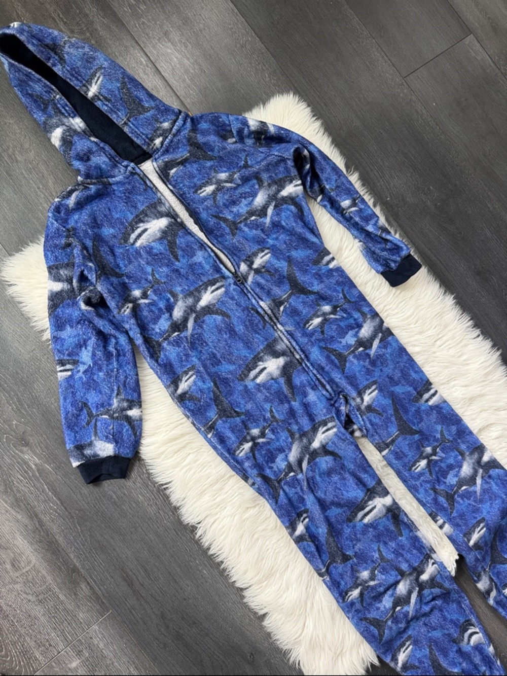 Blue Shark Print Fleece Onesie pajamas with Hood